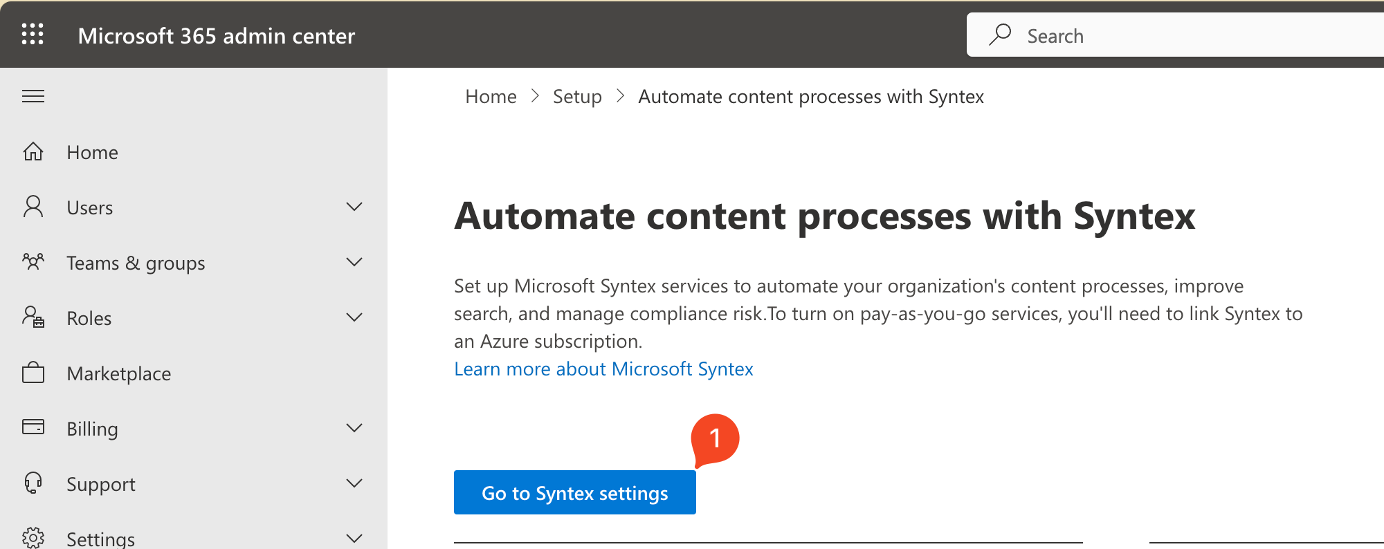 Navigating to Syntex settings in Microsoft 365 Admin Center