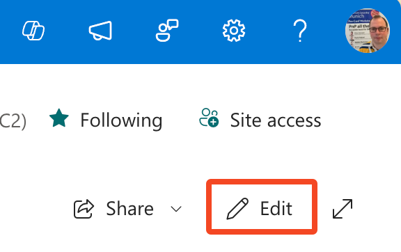 Edit button on the SharePoint page